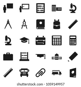 Flat vector icon set - graduate hat vector, pencil, school building, blackboard, ruler, drawing compass, case, backpack, bus, abacus, calculator, microscope, attachment, catalog
