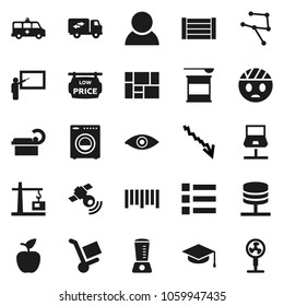 Flat vector icon set - graduate hat vector, blackboard, apple fruit, crisis, sports nutrition, wood box, consolidated cargo, barcode, satellitie, eye, amkbulance car, tomography, head bandage, menu