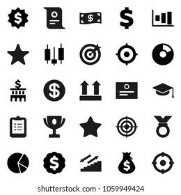Flat vector icon set - graduate hat vector, clipboard, award cup, certificate, graph, pie, japanese candle, money bag, bank building, target, dollar medal, sign, stairways run, top, favorites, coin