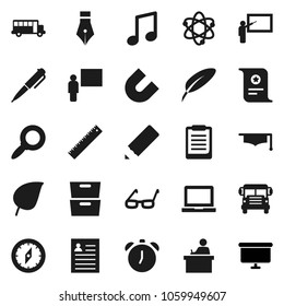 Flat vector icon set - graduate hat vector, pen, pencil, blackboard, ruler, glasses, student, atom, notebook pc, alarm clock, clipboard, compass, certificate, magnet, school bus, music, archive