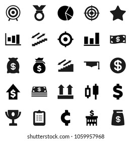 Flat vector icon set - graduate hat vector, clipboard, award cup, graph, pie, japanese candle, money bag, dollar growth, bank building, target, cent sign, medal, stairways run, top, favorites, coin
