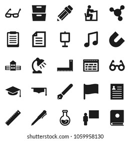 Flat vector icon set - graduate hat vector, pen, pencil, school building, blackboard, corner ruler, glasses, student, table lamp, schedule, clipboard, magnet, presentation, music, document, archive