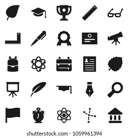 Flat vector icon set - graduate hat vector, pen, corner ruler, glasses, backpack, atom, telescope, alarm clock, award cup, medal, certificate, presentation, personal information, flag, magnifier