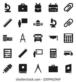 Flat vector icon set - graduate hat vector, pencil, school building, blackboard, ruler, drawing compass, case, backpack, bus, abacus, calculator, microscope, attachment, catalog