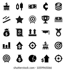 Flat vector icon set - graduate hat vector, award cup, certificate, graph, pie, japanese candle, money bag, dollar growth, bank building, target, cent sign, medal, stairways run, top, favorites