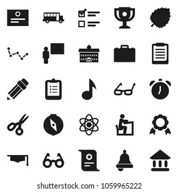 Flat vector icon set - graduate hat vector, university, pencil, blackboard, glasses, student, case, atom, bell, alarm clock, clipboard, compass, award cup, medal, certificate, scissors, school bus