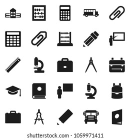 Flat vector icon set - graduate hat vector, pencil, school building, blackboard, ruler, drawing compass, case, backpack, bus, abacus, calculator, microscope, attachment, catalog