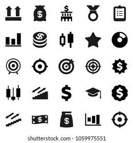 Flat vector icon set - graduate hat vector, clipboard, graph, pie, japanese candle, bank building, target, dollar medal, sign, stairways run, top, favorites, coin, cash, money bag