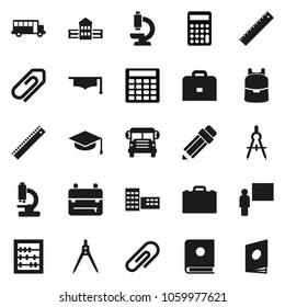 Flat vector icon set - graduate hat vector, pencil, school building, blackboard, ruler, drawing compass, case, backpack, bus, abacus, calculator, microscope, attachment, catalog