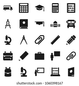 Flat vector icon set - graduate hat vector, pencil, school building, blackboard, ruler, drawing compass, case, backpack, bus, abacus, calculator, microscope, attachment, catalog