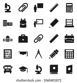 Flat vector icon set - graduate hat vector, pencil, school building, blackboard, ruler, drawing compass, case, backpack, bus, abacus, calculator, microscope, attachment, catalog