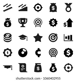Flat vector icon set - graduate hat vector, award cup, certificate, graph, pie, money bag, dollar growth, target, medal, cent sign, stairways run, favorites, coin