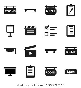 Flat vector icon set - graduate hat vector, presentation, exam, board, clipboard, skateboard, cinema clap, rent signboard, rooms, open