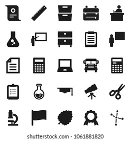 Flat vector icon set - graduate hat vector, blackboard, ruler, student, backpack, telescope, microscope, calculator, notebook pc, clipboard, medal, certificate, scissors, school bus, document, flag
