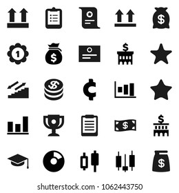 Flat vector icon set - graduate hat vector, clipboard, award cup, certificate, graph, pie, japanese candle, money bag, bank building, cent sign, medal, stairways run, top, favorites, dollar coin