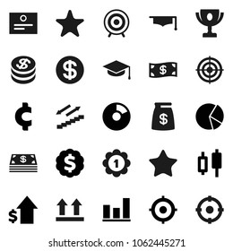 Flat vector icon set - graduate hat vector, award cup, certificate, graph, pie, japanese candle, dollar growth, target, medal, cent sign, stairways run, top, favorites, coin, cash, money bag