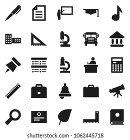 Flat vector icon set - graduate hat vector, school building, blackboard, corner ruler, student, case, pen, telescope, microscope, bell, calculator, paper pin, certificate, bus, music, document, leaf