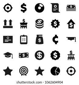 Flat vector icon set - graduate hat vector, clipboard, certificate, pie graph, dollar growth, bank building, target, medal, cent sign, top, favorites, coin, cash, money bag