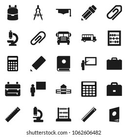 Flat vector icon set - graduate hat vector, pencil, school building, blackboard, ruler, drawing compass, case, backpack, bus, abacus, calculator, microscope, attachment, catalog