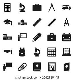 Flat vector icon set - graduate hat vector, pencil, school building, blackboard, ruler, drawing compass, case, backpack, bus, abacus, calculator, microscope, attachment, catalog