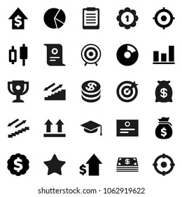 Flat vector icon set - graduate hat vector, clipboard, award cup, certificate, graph, pie, japanese candle, money bag, dollar growth, target, medal, stairways run, top sign, favorites, coin, cash