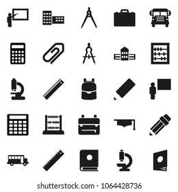 Flat vector icon set - graduate hat vector, pencil, school building, blackboard, ruler, drawing compass, case, backpack, bus, abacus, calculator, microscope, attachment, catalog