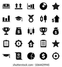Flat vector icon set - graduate hat vector, clipboard, award cup, certificate, graph, pie, japanese candle, money bag, dollar growth, medal, top sign, favorites, cash, target