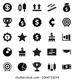 Flat vector icon set - graduate hat vector, award cup, certificate, graph, pie, japanese candle, money bag, bank building, target, dollar medal, cent sign, stairways run, top, favorites, coin, cash