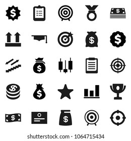 Flat vector icon set - graduate hat vector, clipboard, award cup, certificate, graph, japanese candle, money bag, target, dollar medal, stairways run, top sign, favorites, coin, cash