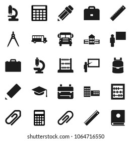 Flat vector icon set - graduate hat vector, pencil, school building, blackboard, ruler, drawing compass, case, backpack, bus, abacus, calculator, microscope, attachment, catalog