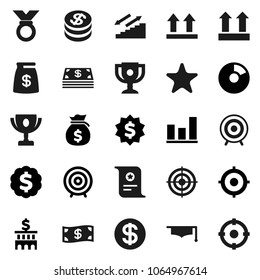 Flat vector icon set - graduate hat vector, award cup, certificate, graph, pie, money bag, bank building, target, dollar medal, stairways run, top sign, favorites, coin, cash