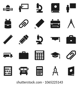 Flat vector icon set - graduate hat vector, pencil, school building, blackboard, ruler, drawing compass, case, backpack, bus, abacus, calculator, microscope, attachment, catalog