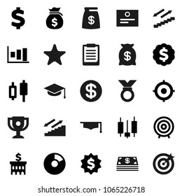 Flat vector icon set - graduate hat vector, clipboard, award cup, certificate, graph, pie, japanese candle, money bag, bank building, target, dollar medal, sign, stairways run, favorites, coin, cash