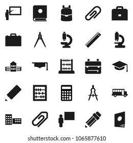 Flat vector icon set - graduate hat vector, pencil, school building, blackboard, ruler, drawing compass, case, backpack, bus, abacus, calculator, microscope, attachment, catalog