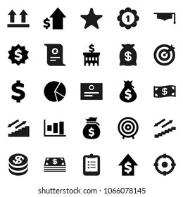 Flat vector icon set - graduate hat vector, clipboard, certificate, graph, pie, money bag, dollar growth, bank building, target, medal, sign, stairways run, top, favorites, coin, cash