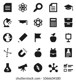 Flat vector icon set - graduate hat vector, pencil, backpack, apple fruit, atom, telescope, table lamp, calculator, compass, magnet, presentation, world, document, archive, personal information