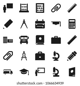 Flat vector icon set - graduate hat vector, pencil, school building, blackboard, ruler, drawing compass, case, backpack, bus, abacus, calculator, microscope, attachment, catalog