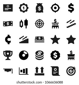 Flat vector icon set - graduate hat vector, award cup, certificate, graph, pie, japanese candle, bank building, target, dollar medal, cent sign, stairways run, top, favorites, coin, cash, money bag