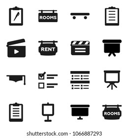 Flat vector icon set - graduate hat vector, presentation, exam, board, clipboard, skateboard, cinema clap, rent signboard, rooms