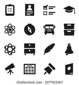 Flat vector icon set - graduate hat vector, pen, atom, telescope, bell, schedule, clipboard, paper pin, compass, school bus, archive, personal information, exam, catalog