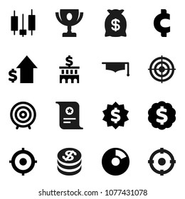 Flat vector icon set - graduate hat vector, award cup, certificate, pie graph, japanese candle, dollar growth, bank building, target, medal, cent sign, coin, money bag