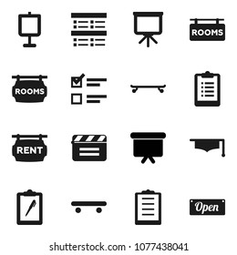 Flat vector icon set - graduate hat vector, presentation, exam, board, clipboard, skateboard, cinema clap, rent signboard, rooms, open