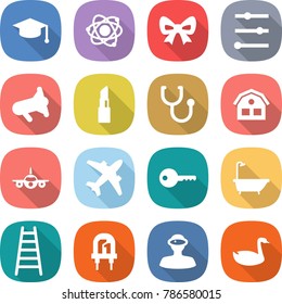 flat vector icon set - graduate hat vector, atom, bow, equalizer, megafon, lipstick, stethoscope, house, plane, airplane, key, bath, ladder, led, vr helmet, goose