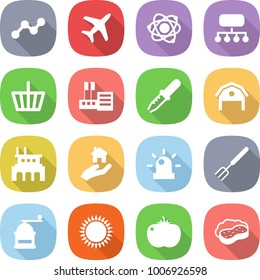 flat vector icon set - graph vector, plane, atom, structure, basket, store, pipette, barn, factory, real estate, siren, big fork, hand mill, gas oven, tomato, sponge with foam