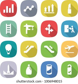 flat vector icon set - graph vector, up, lipstick, ladder, tower crane, route, courier delivery, air ballon, escalator, departure, rocket start, cleanser, powder, please clean