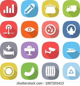 flat vector icon set - graph vector, pencil, purse, truck, laser, eye, microbe, tomography, hospital, restaurant, surveillance, yacht, orbit, eggplant, barrel, garbage bag