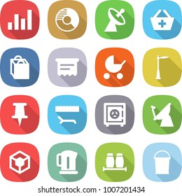 flat vector icon set - graph vector, circle diagram, satellite antenna, add to basket, shopping bag, atm receipt, baby stroller, outdoor light, pin, lounger, safe, 3d, kettle, salt pepper, bucket