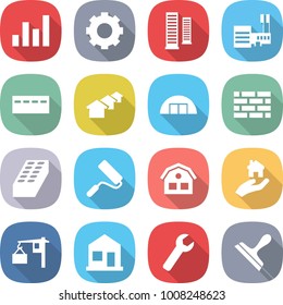 flat vector icon set - graph vector, gear, skyscrapers, mall, bunker, houses, hangare, brick wall, repair, house, real estate, loading, home, wrench, scraper