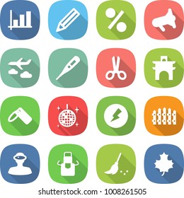 flat vector icon set - graph vector, pencil, percent, megafon, journey, medical thermometer, scissors, arch, label, disco ball, electricity, fence, vr helmet, apron, broom, maple leaf