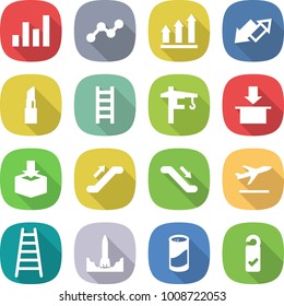 flat vector icon set - graph vector, up, down arrow, lipstick, ladder, tower crane, package, escalator, departure, rocket start, cleanser powder, please clean